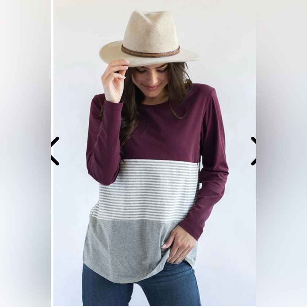 LONG SLEEVE COTTON NURSING TOP- 3 BLOCK- WINE